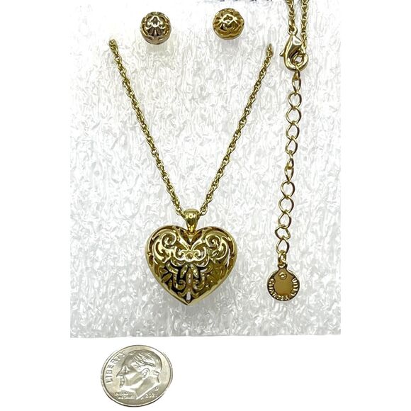 Charter Club Openwork Heart Necklace Earrings Gold Tone Puffy Scrollwork Studs - Picture 6 of 8